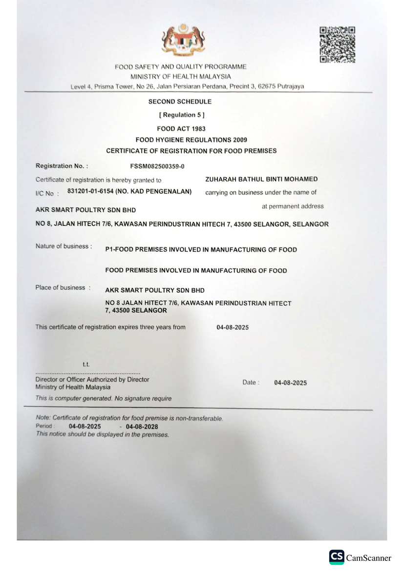 Sijil pendaftaran premis makanan FoSIM KKM untuk AKR Smart Poultry, Semenyih Selangor