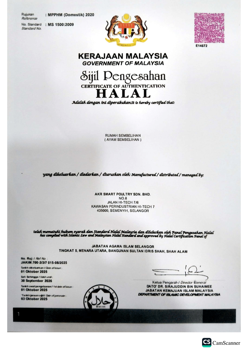 Sijil JAKIM Halal kilang MS 1500:2009 untuk AKR Smart Poultry Sdn Bhd