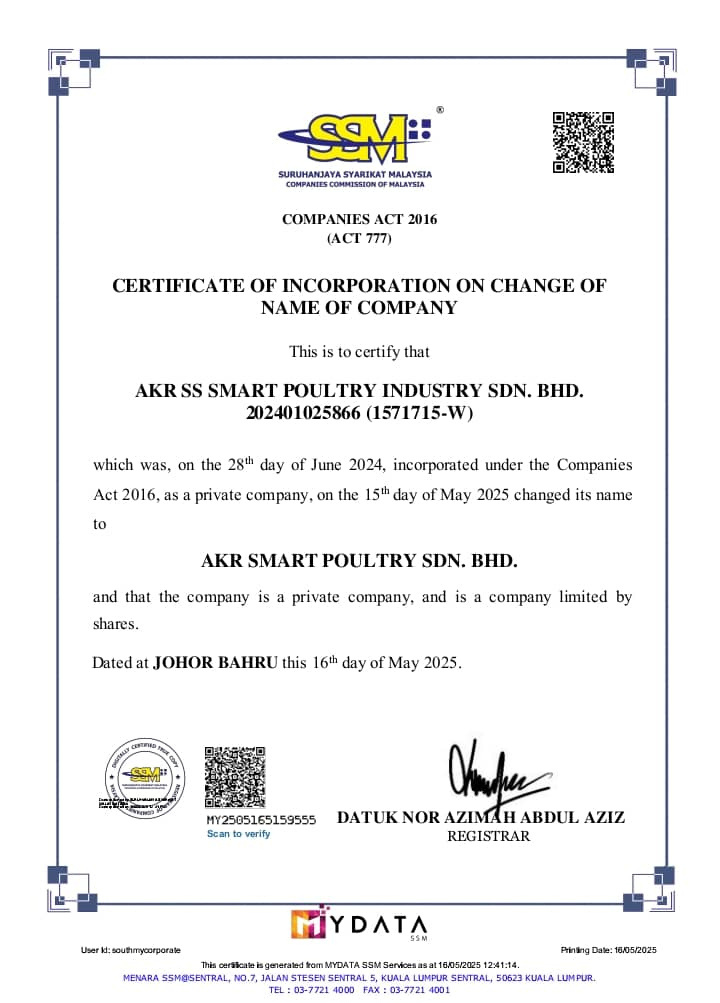 Sijil pemerbadanan SSM Suruhanjaya Syarikat Malaysia untuk AKR Smart Poultry Sdn Bhd 1571715-W